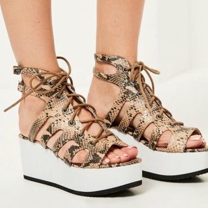 Nude Snake Print Lace Up Flatform Sandals